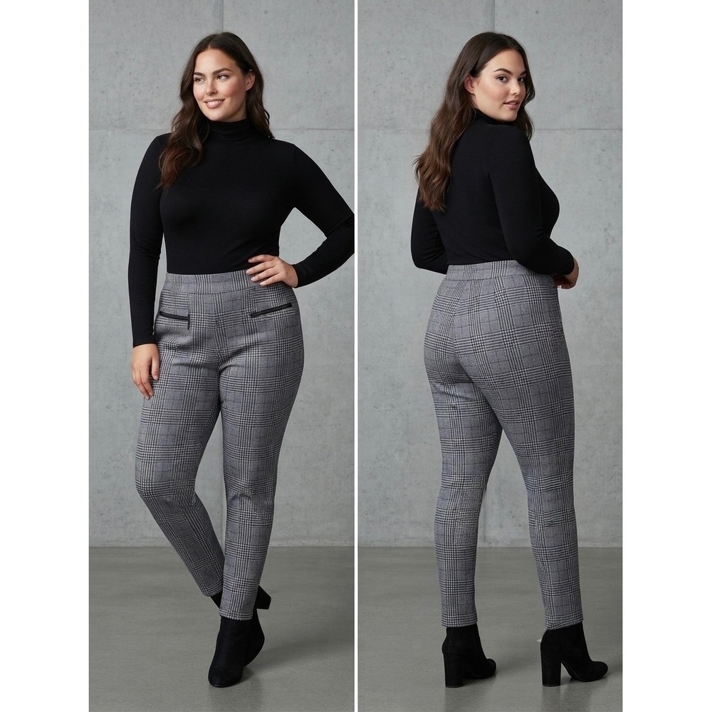 Classic Concepts Womens 2X Glen Plaid Pull On Pants Black White High Rise